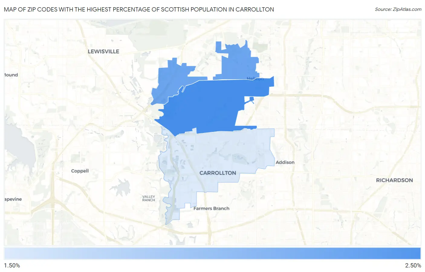 Zip Codes with the Highest Percentage of Scottish Population in Carrollton Map