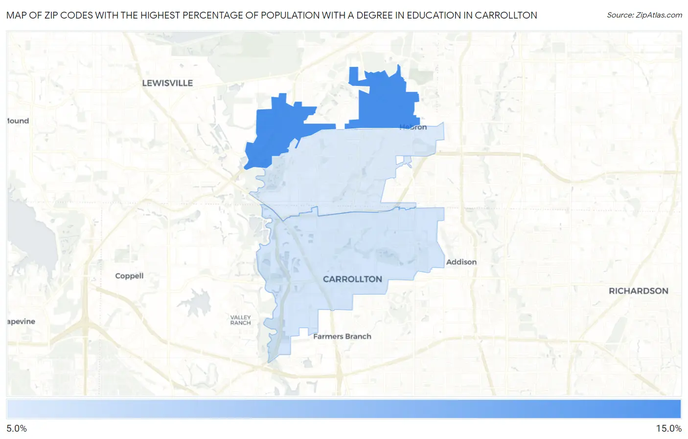 Zip Codes with the Highest Percentage of Population with a Degree in Education in Carrollton Map