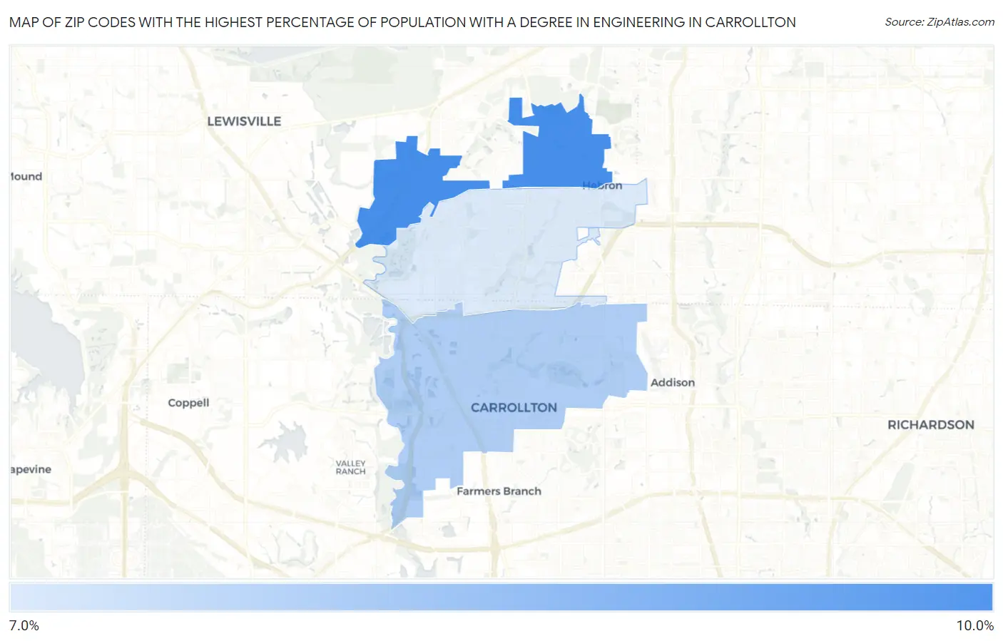 Zip Codes with the Highest Percentage of Population with a Degree in Engineering in Carrollton Map
