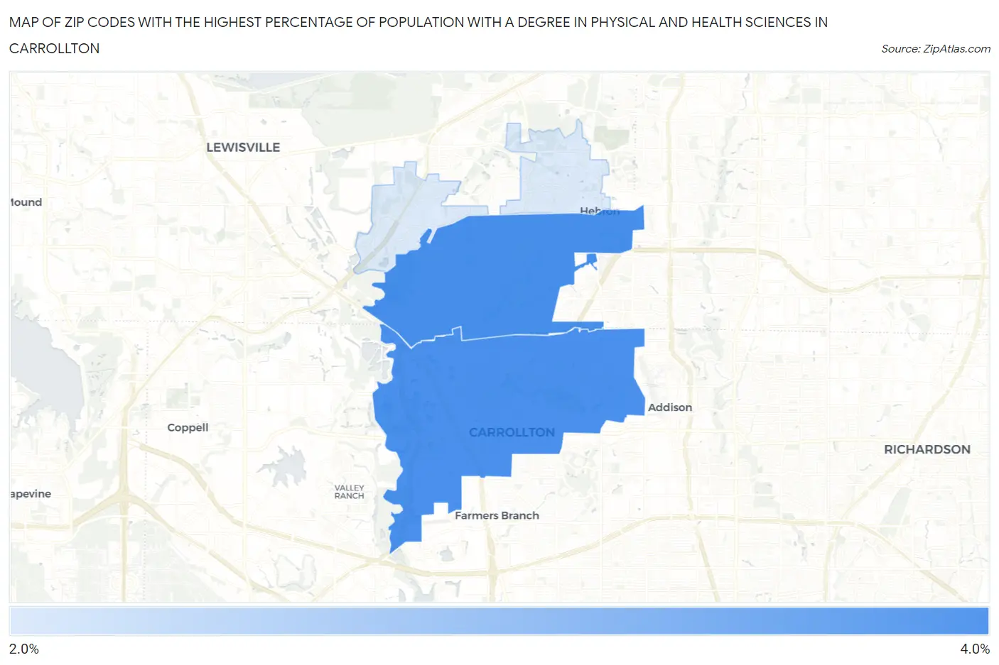 Zip Codes with the Highest Percentage of Population with a Degree in Physical and Health Sciences in Carrollton Map