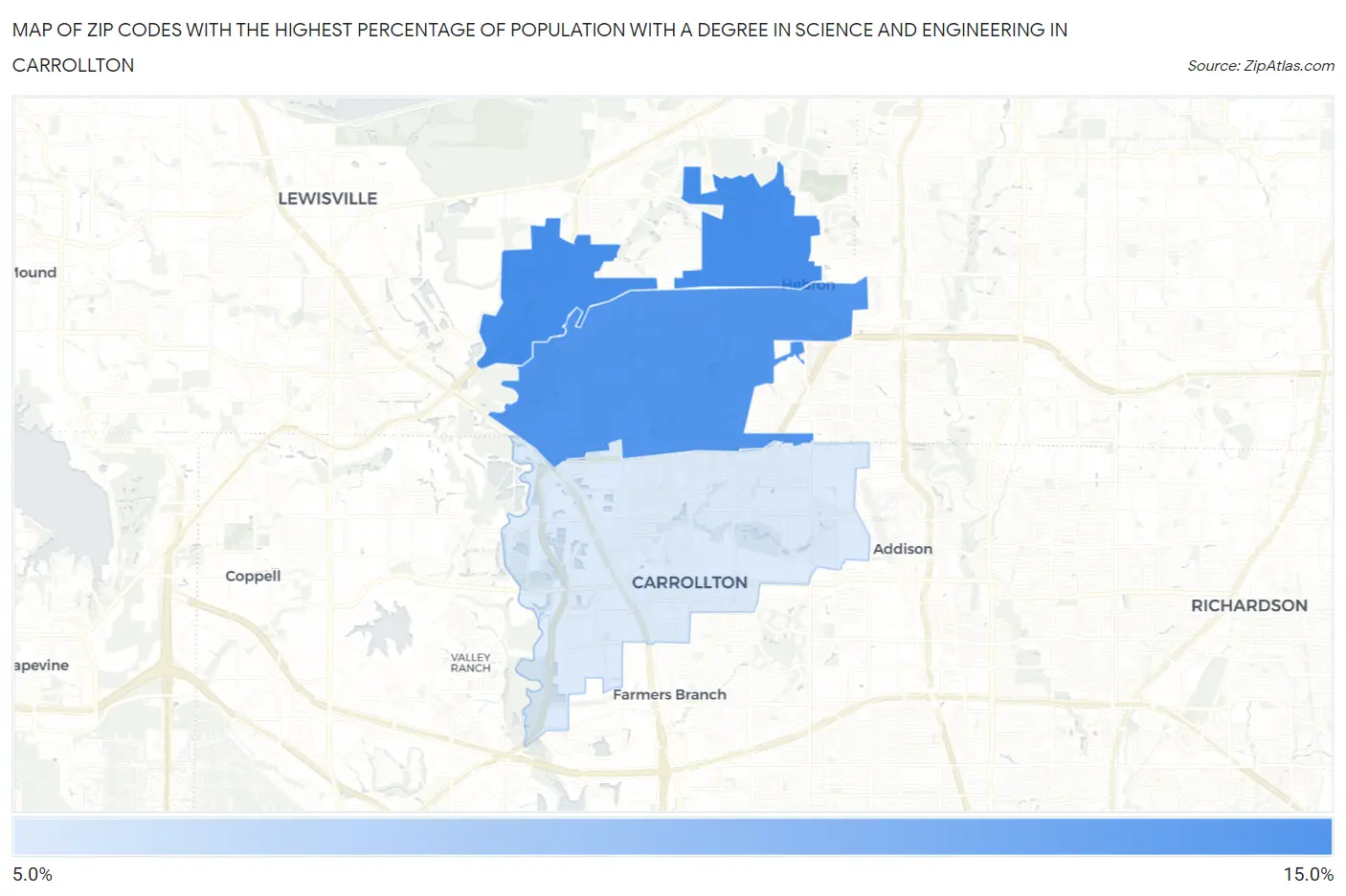 Zip Codes with the Highest Percentage of Population with a Degree in Science and Engineering in Carrollton Map