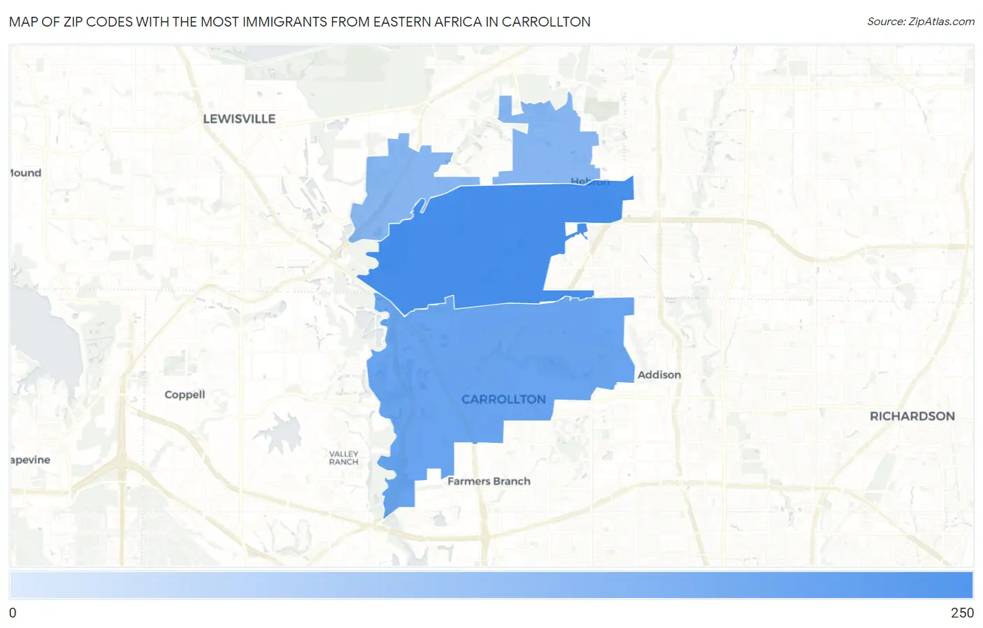 Zip Codes with the Most Immigrants from Eastern Africa in Carrollton Map
