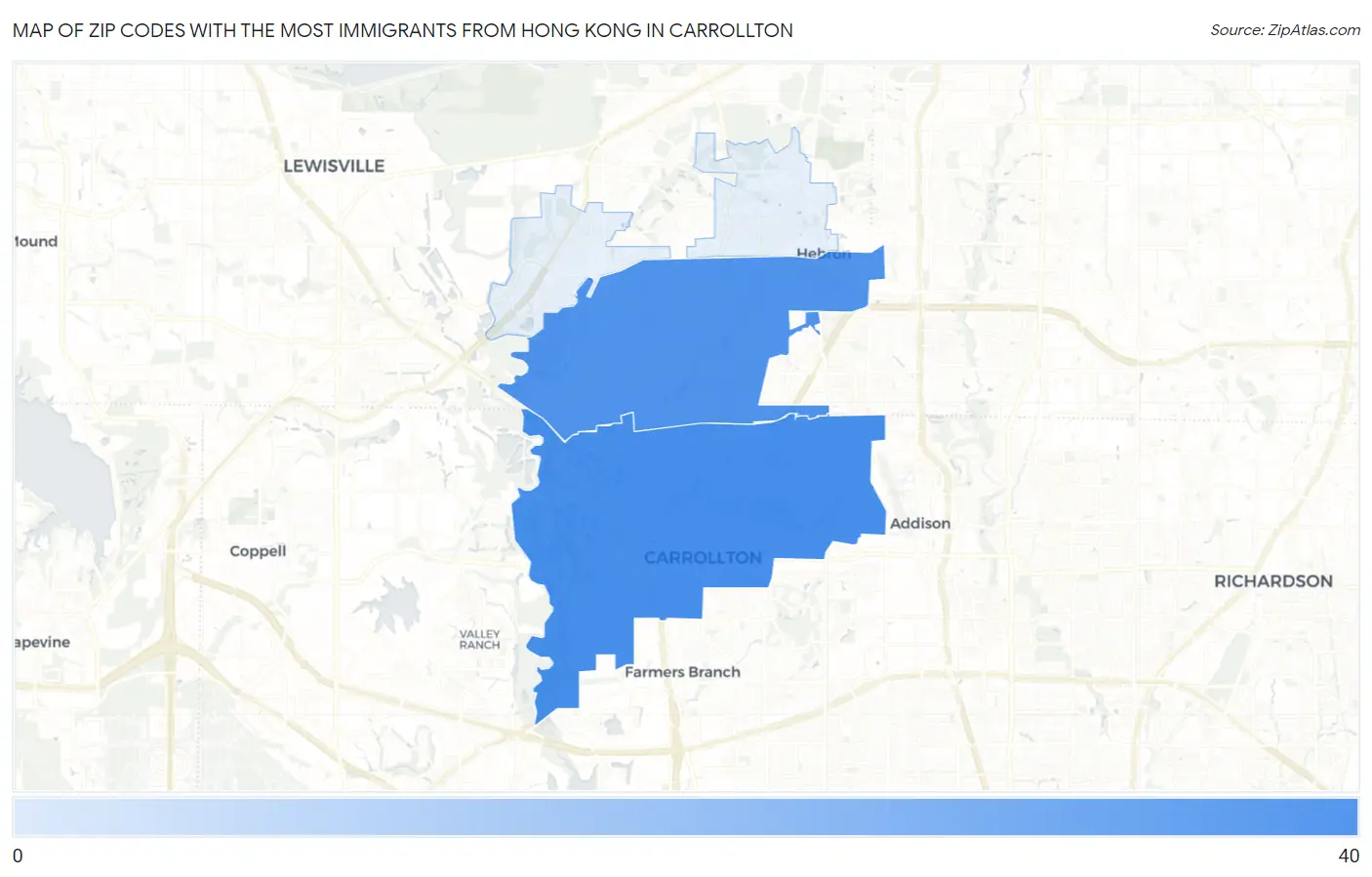 Zip Codes with the Most Immigrants from Hong Kong in Carrollton Map