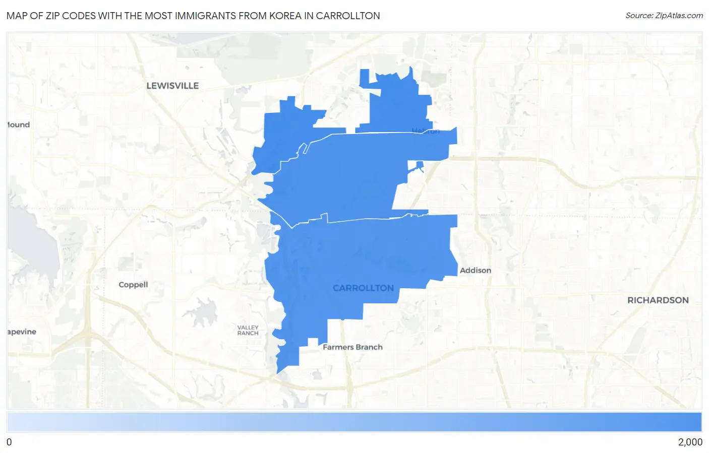Zip Codes with the Most Immigrants from Korea in Carrollton Map
