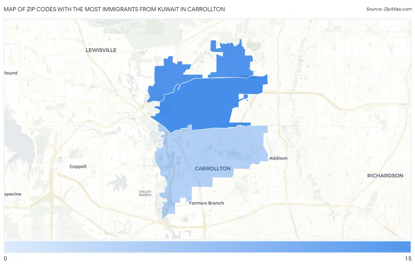 Zip Codes with the Most Immigrants from Kuwait in Carrollton Map