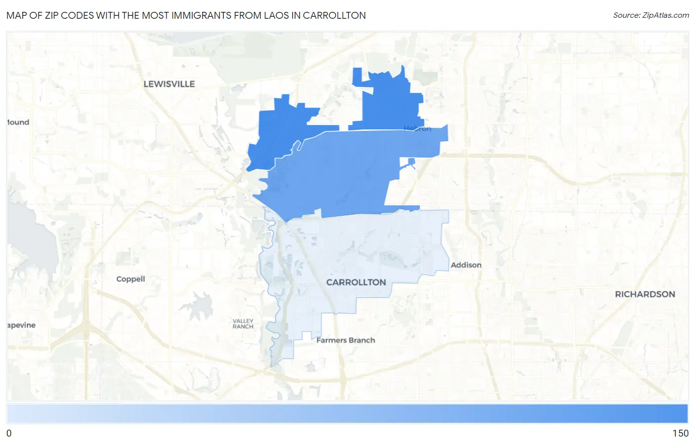 Zip Codes with the Most Immigrants from Laos in Carrollton Map