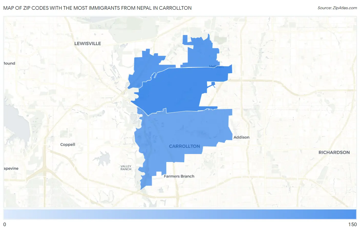 Zip Codes with the Most Immigrants from Nepal in Carrollton Map