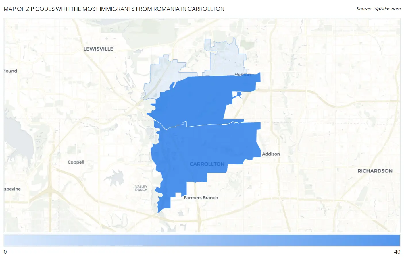 Zip Codes with the Most Immigrants from Romania in Carrollton Map