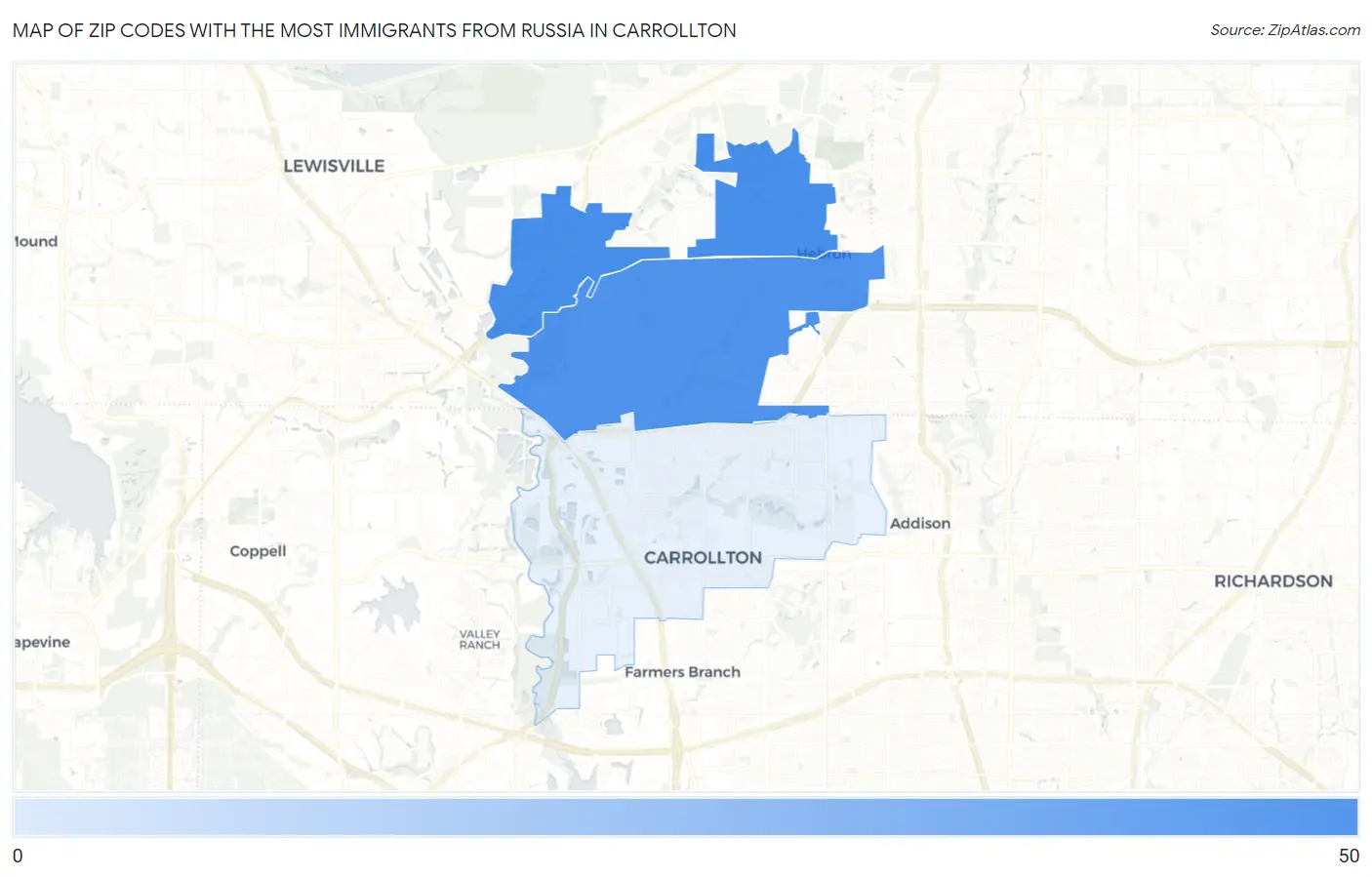 Zip Codes with the Most Immigrants from Russia in Carrollton Map