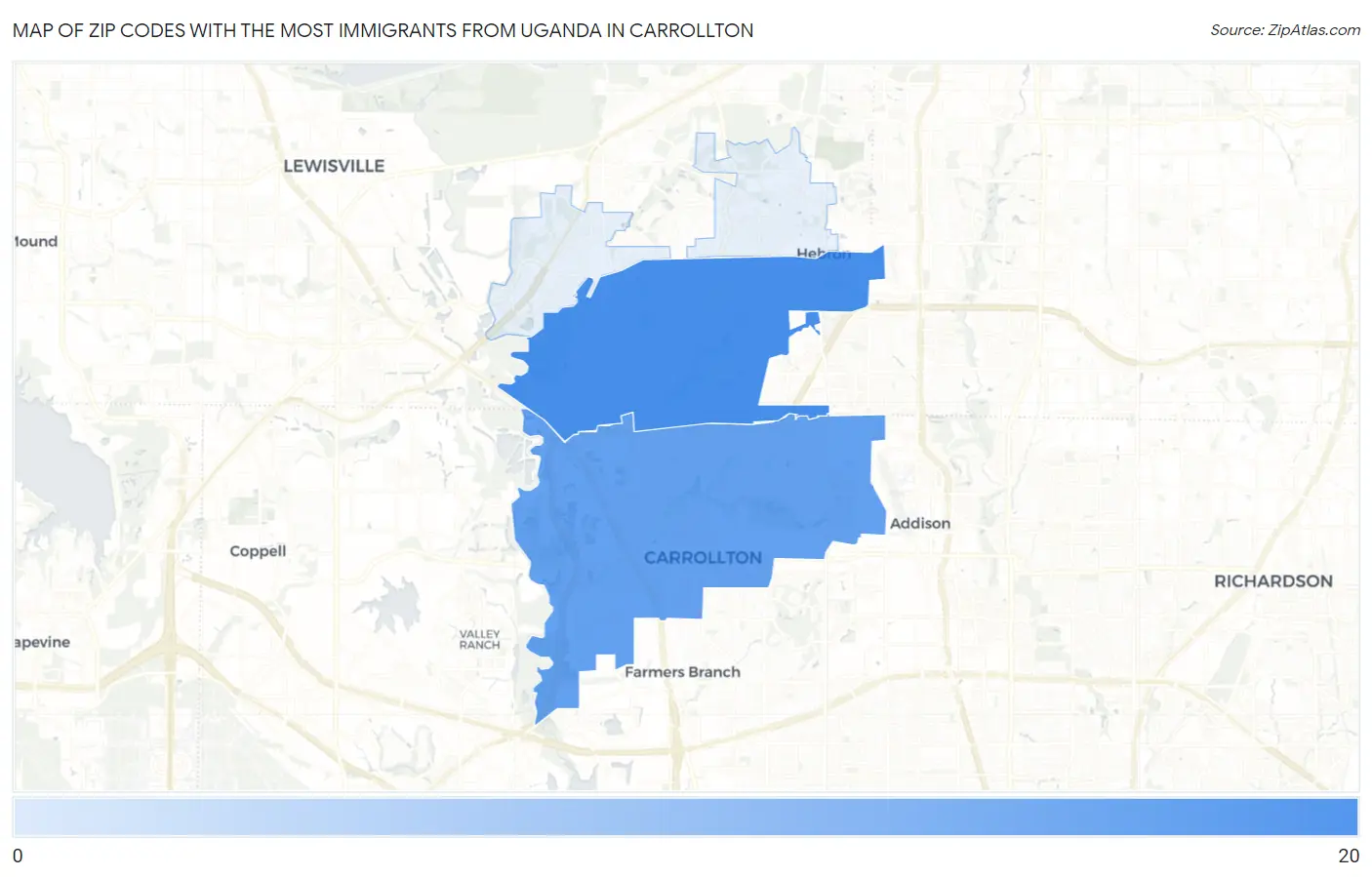 Zip Codes with the Most Immigrants from Uganda in Carrollton Map