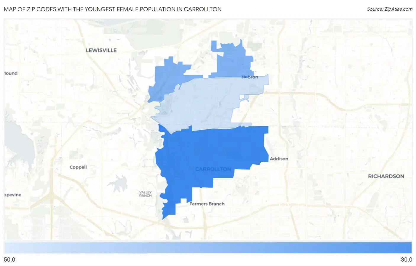 Zip Codes with the Youngest Female Population in Carrollton Map