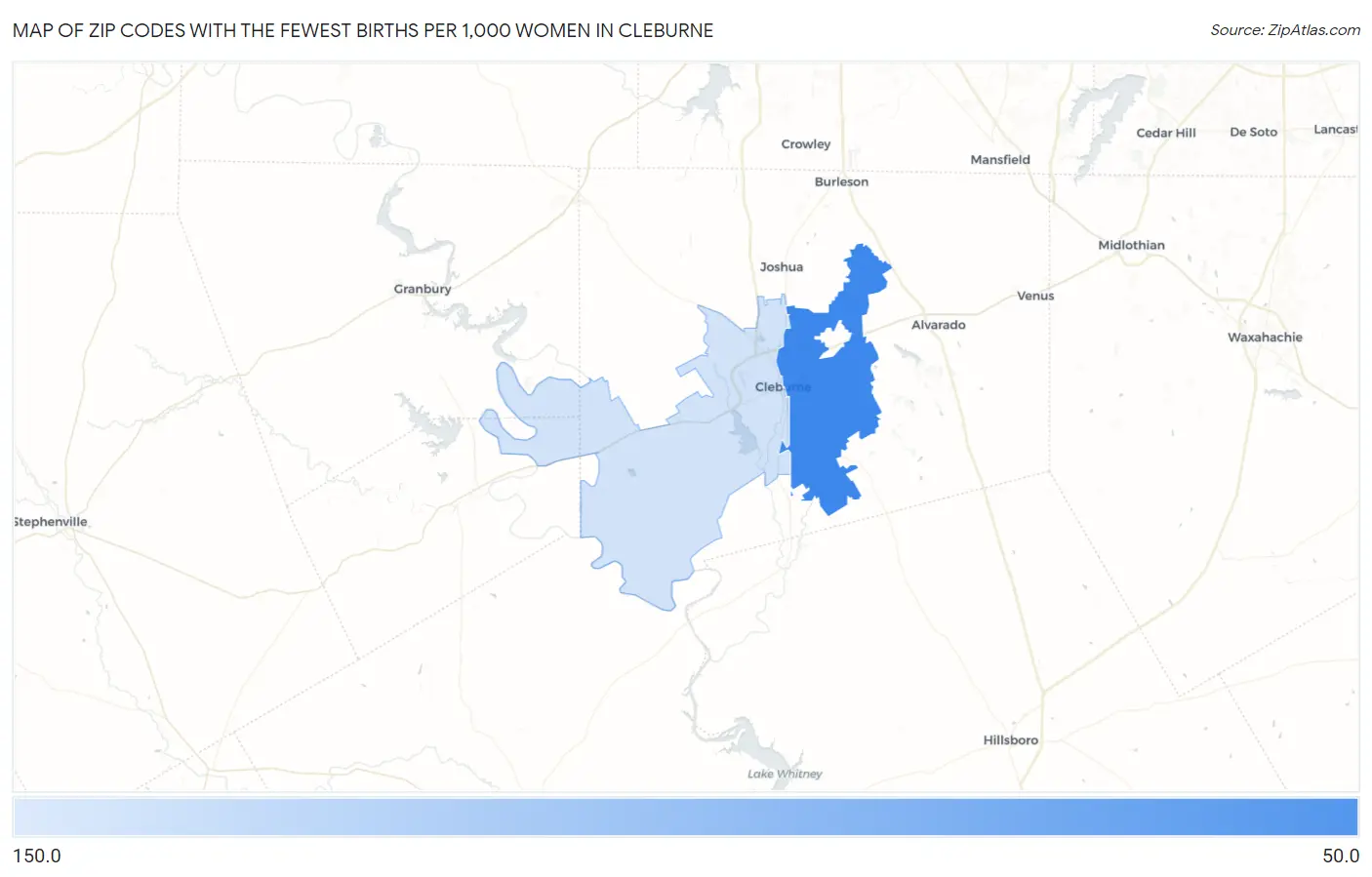 Zip Codes with the Fewest Births per 1,000 Women in Cleburne Map