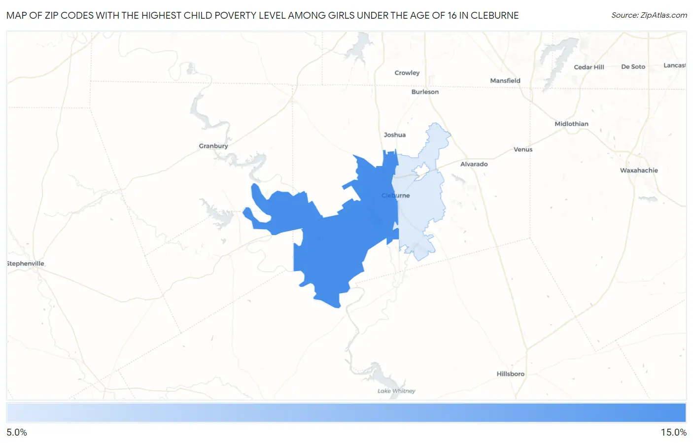 Zip Codes with the Highest Child Poverty Level Among Girls Under the Age of 16 in Cleburne Map