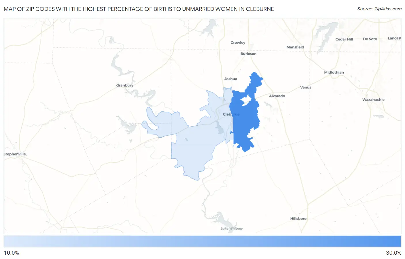 Zip Codes with the Highest Percentage of Births to Unmarried Women in Cleburne Map