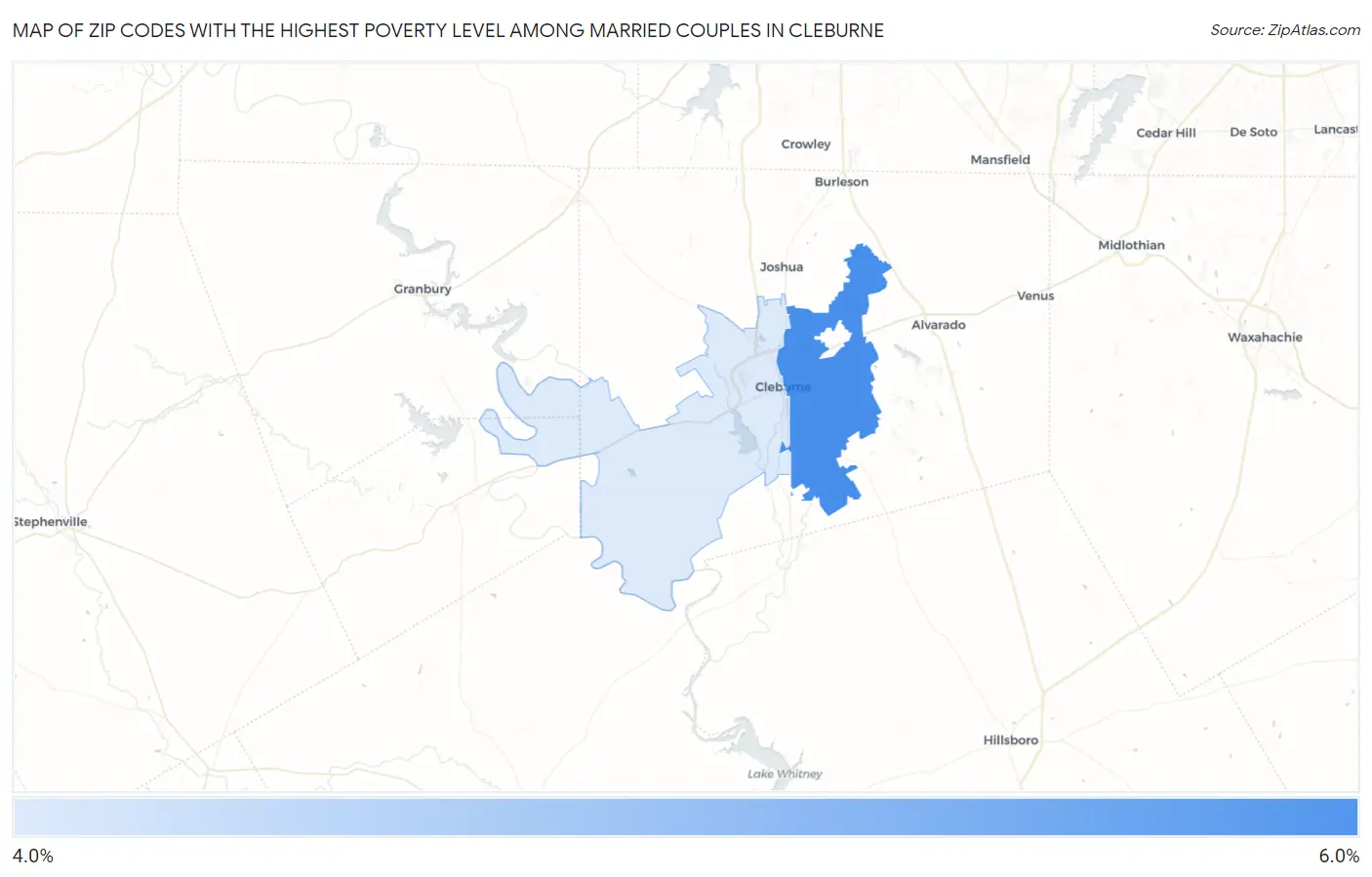 Zip Codes with the Highest Poverty Level Among Married Couples in Cleburne Map