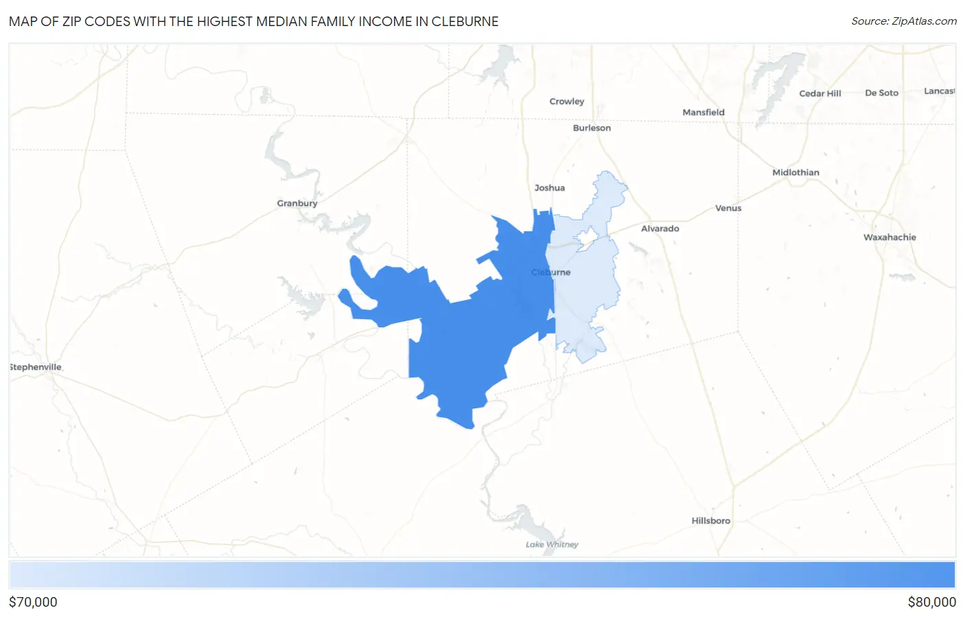 Zip Codes with the Highest Median Family Income in Cleburne Map