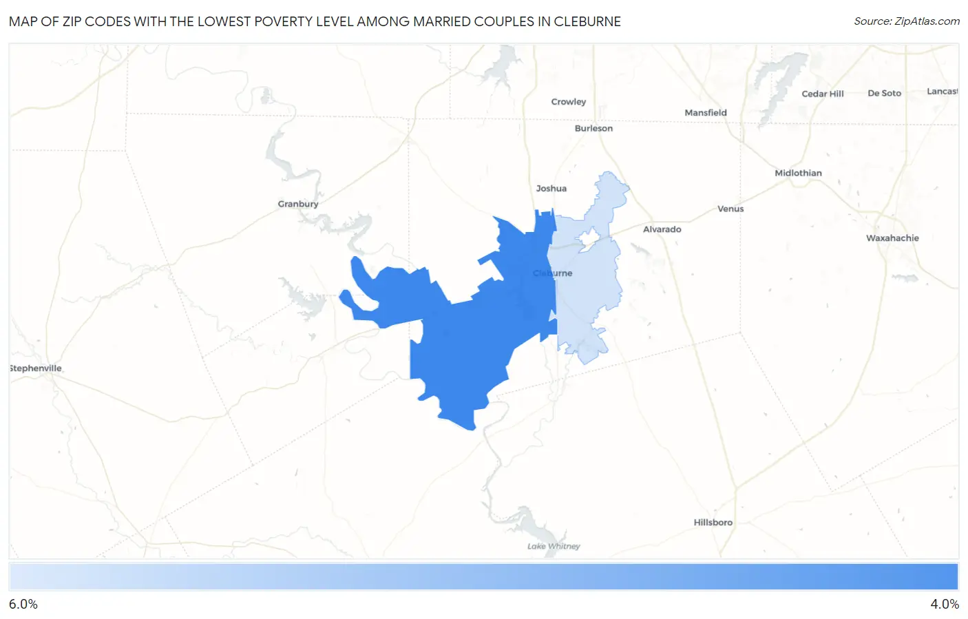 Zip Codes with the Lowest Poverty Level Among Married Couples in Cleburne Map