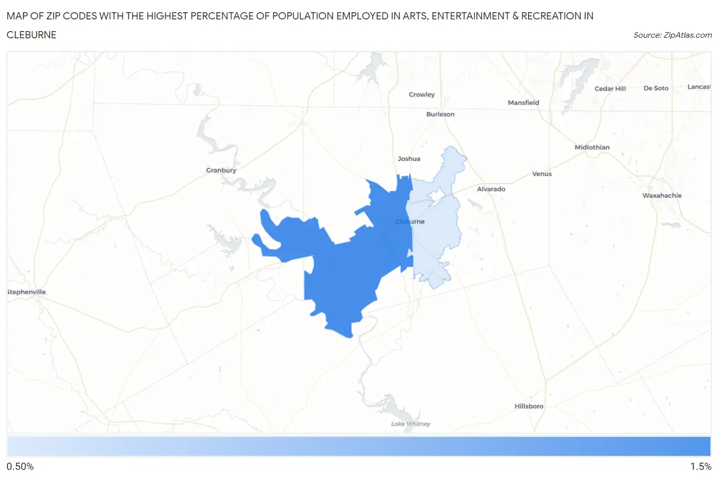 Zip Codes with the Highest Percentage of Population Employed in Arts, Entertainment & Recreation in Cleburne Map