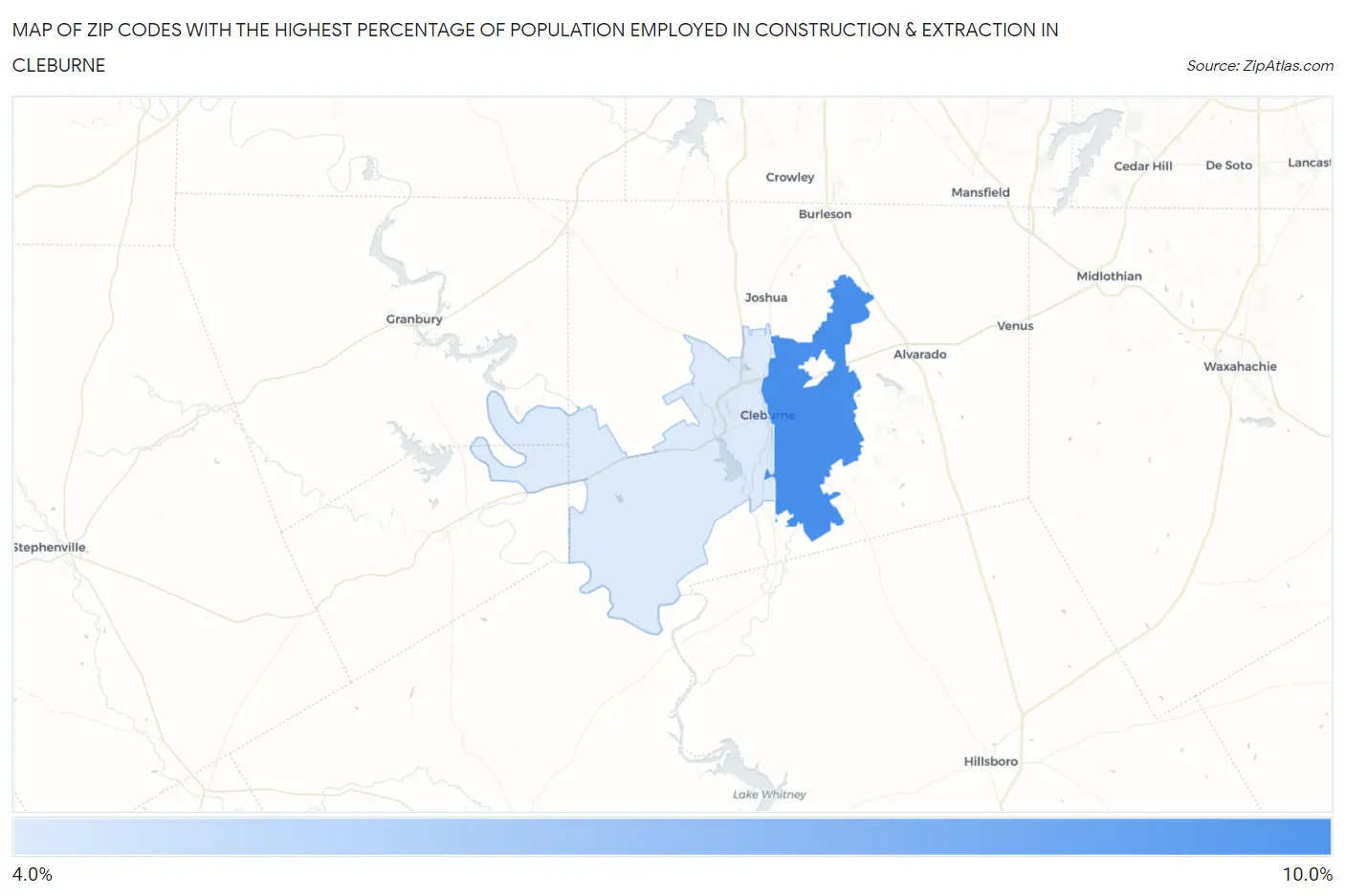 Zip Codes with the Highest Percentage of Population Employed in Construction & Extraction in Cleburne Map