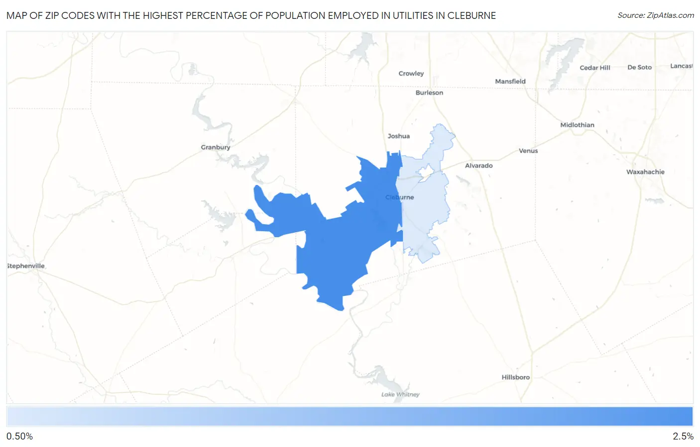 Zip Codes with the Highest Percentage of Population Employed in Utilities in Cleburne Map