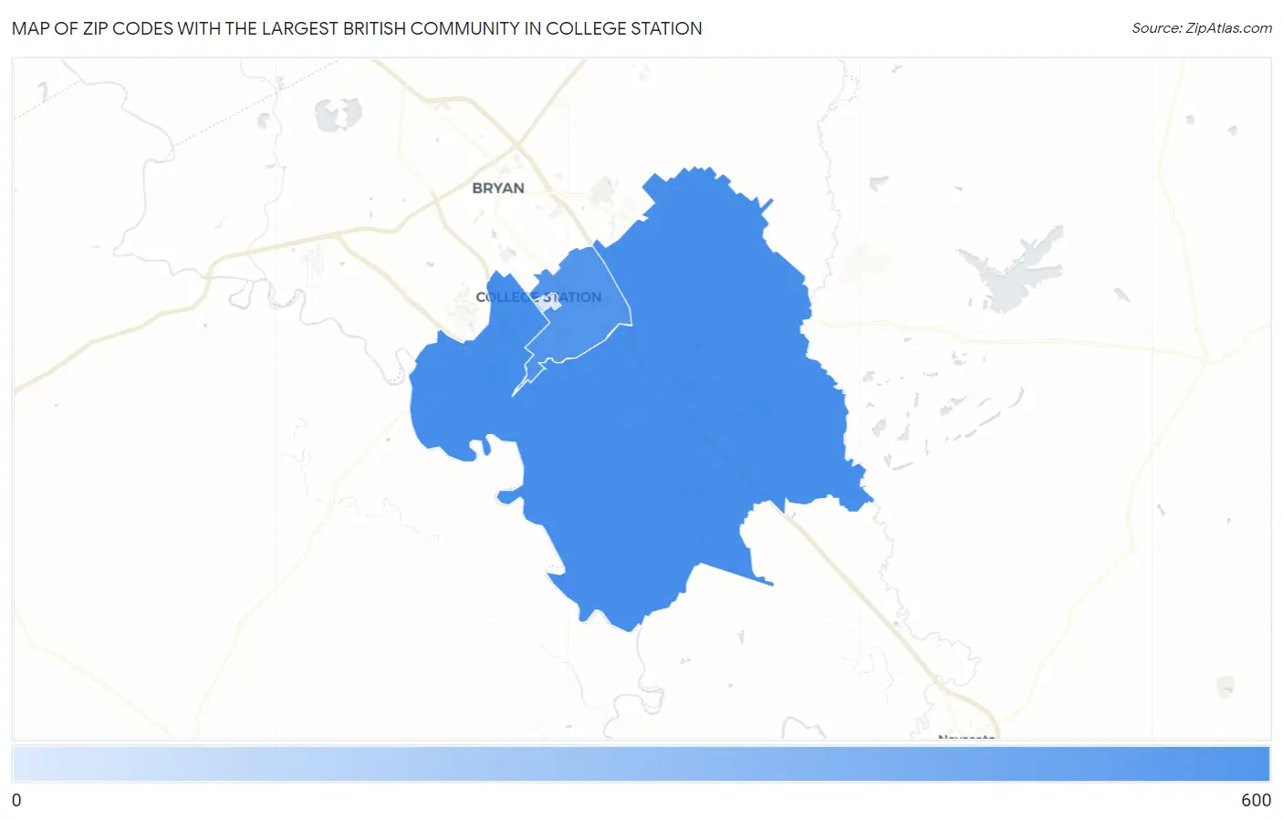 Zip Codes with the Largest British Community in College Station Map