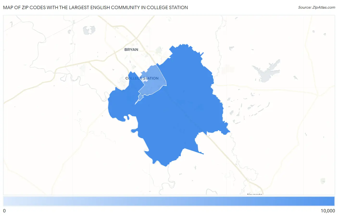 Zip Codes with the Largest English Community in College Station Map