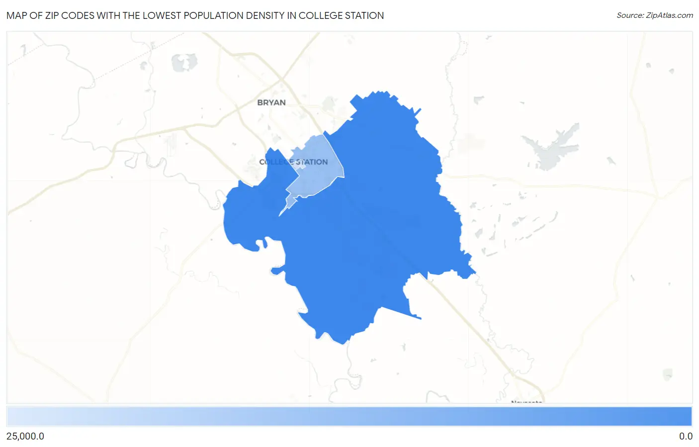 Zip Codes with the Lowest Population Density in College Station Map