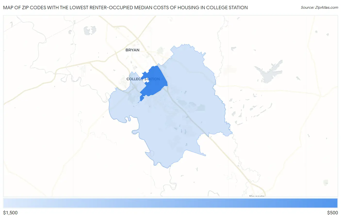 Zip Codes with the Lowest Renter-Occupied Median Costs of Housing in College Station Map