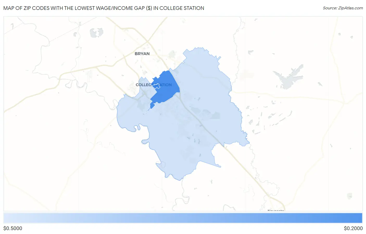 Zip Codes with the Lowest Wage/Income Gap ($) in College Station Map