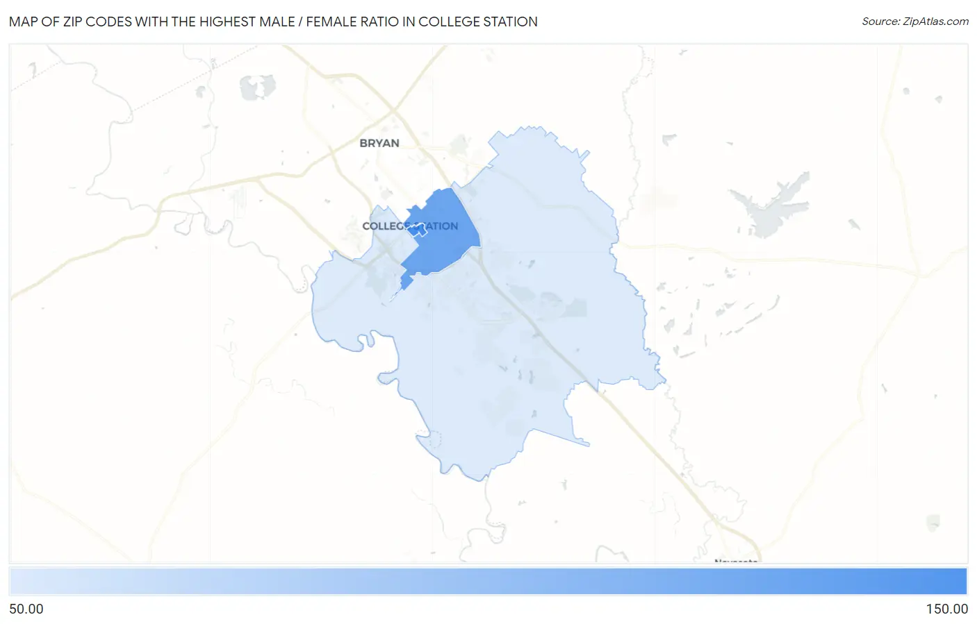 Zip Codes with the Highest Male / Female Ratio in College Station Map