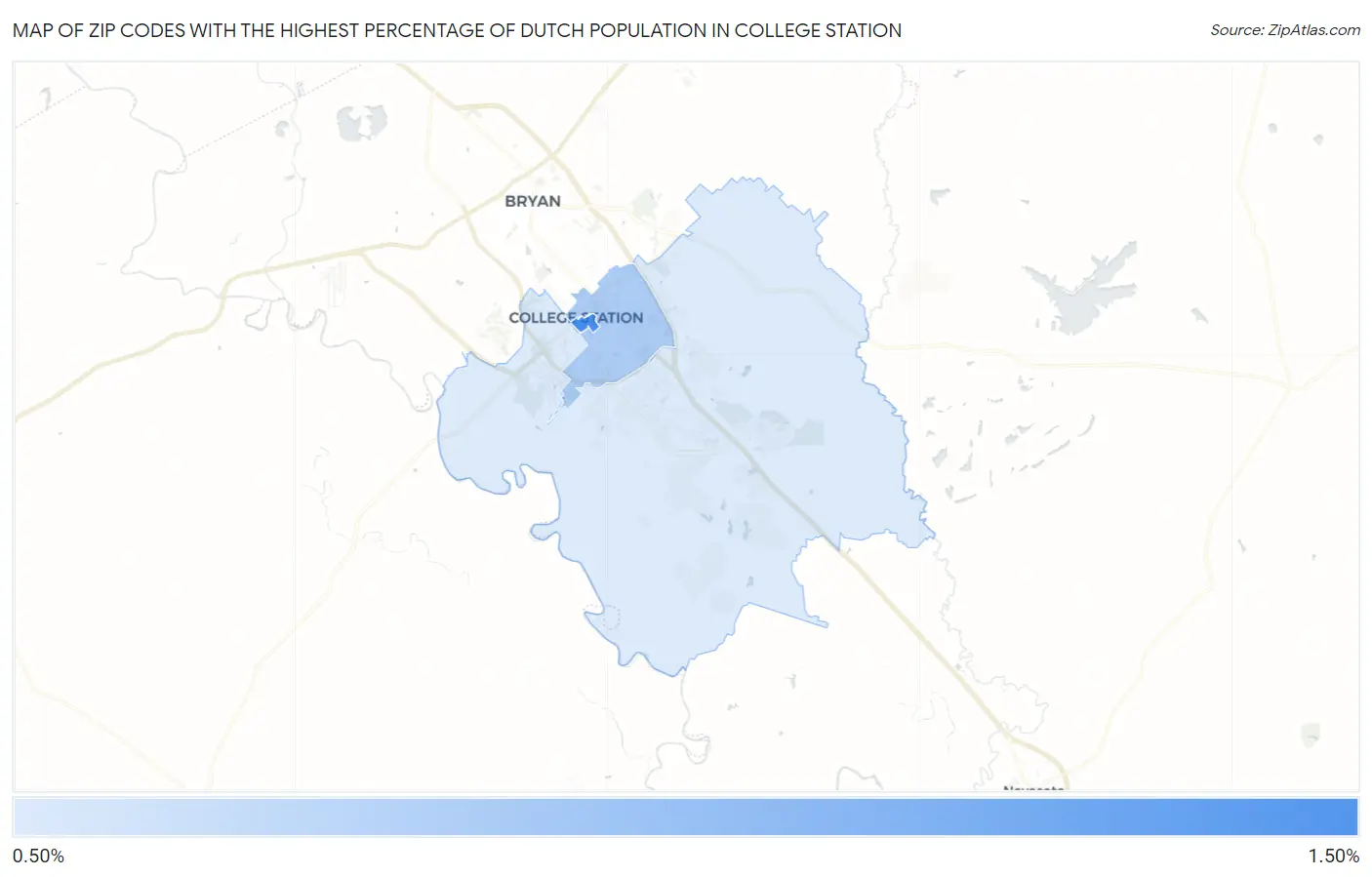 Zip Codes with the Highest Percentage of Dutch Population in College Station Map