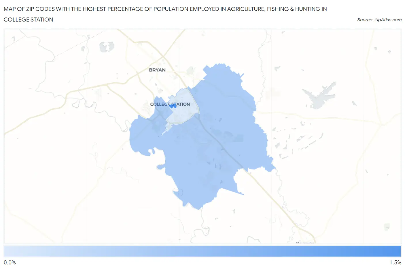 Zip Codes with the Highest Percentage of Population Employed in Agriculture, Fishing & Hunting in College Station Map