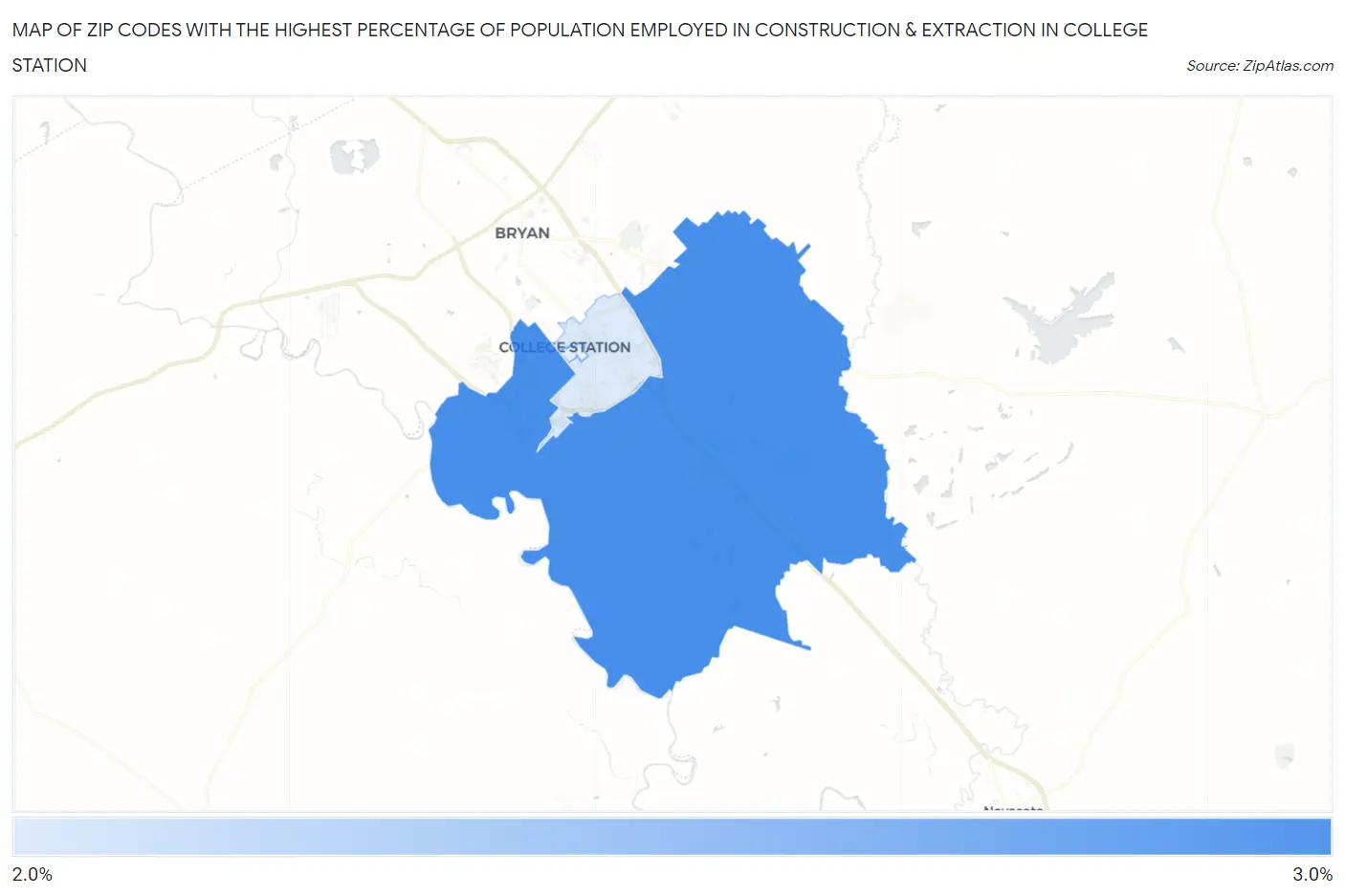 Zip Codes with the Highest Percentage of Population Employed in Construction & Extraction in College Station Map