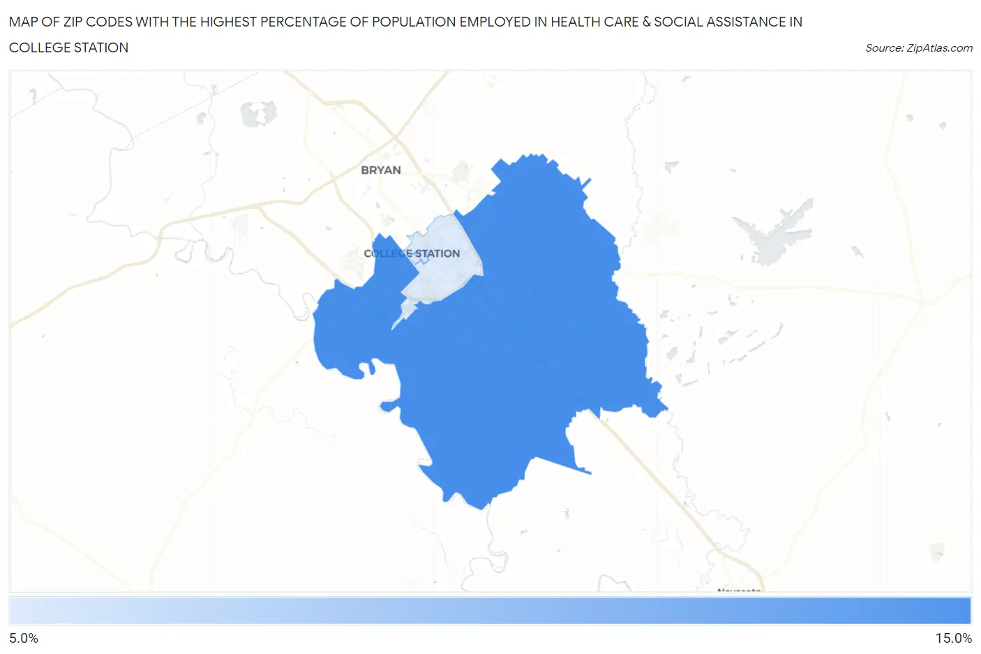 Zip Codes with the Highest Percentage of Population Employed in Health Care & Social Assistance in College Station Map