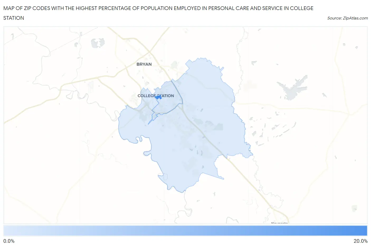 Zip Codes with the Highest Percentage of Population Employed in Personal Care and Service in College Station Map