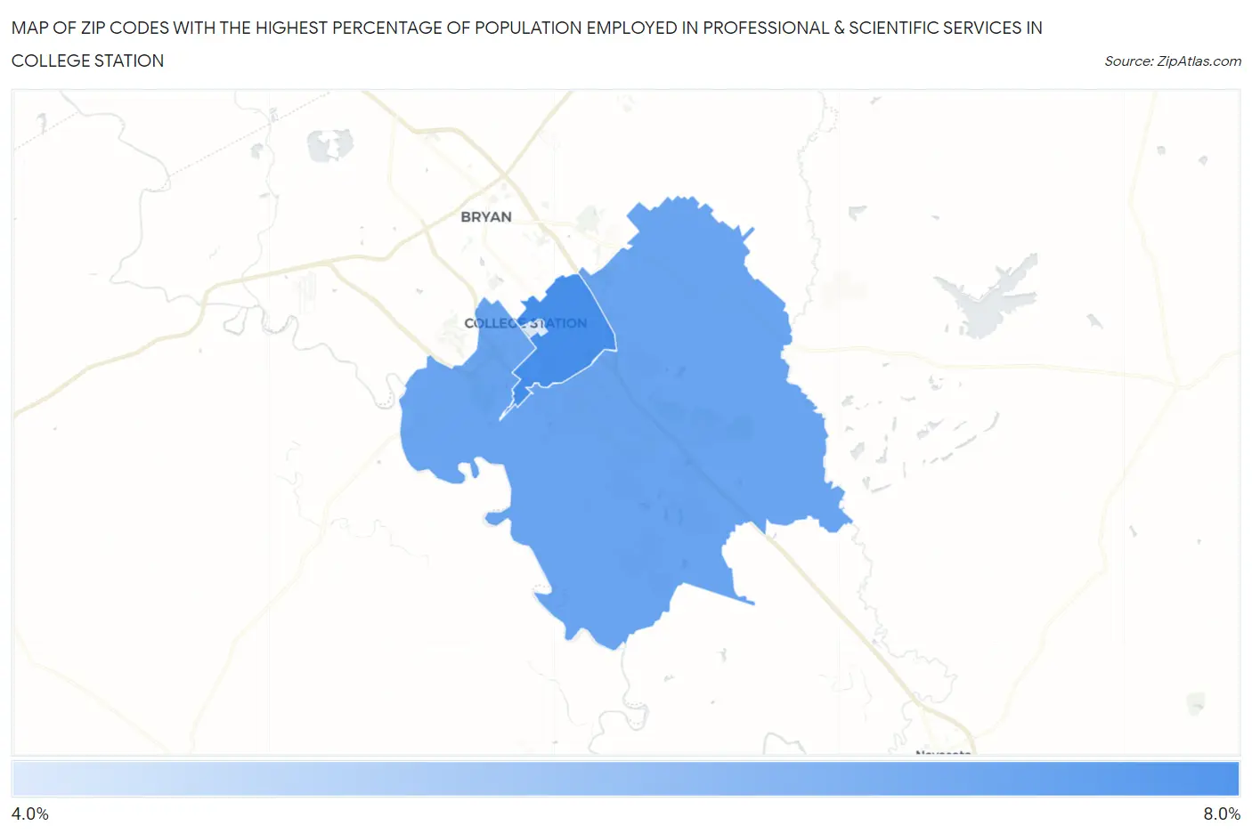 Zip Codes with the Highest Percentage of Population Employed in Professional & Scientific Services in College Station Map