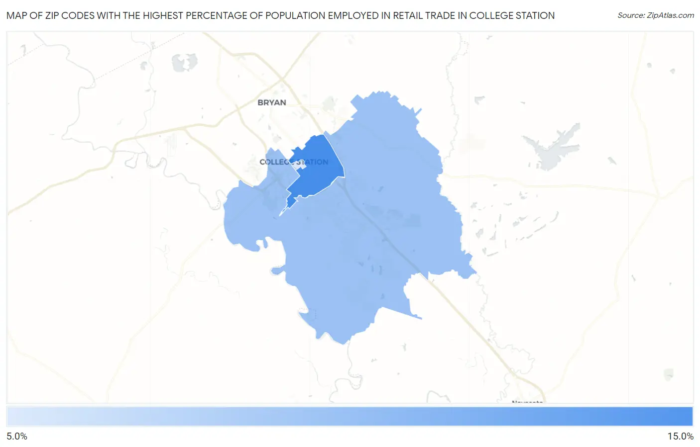 Zip Codes with the Highest Percentage of Population Employed in Retail Trade in College Station Map