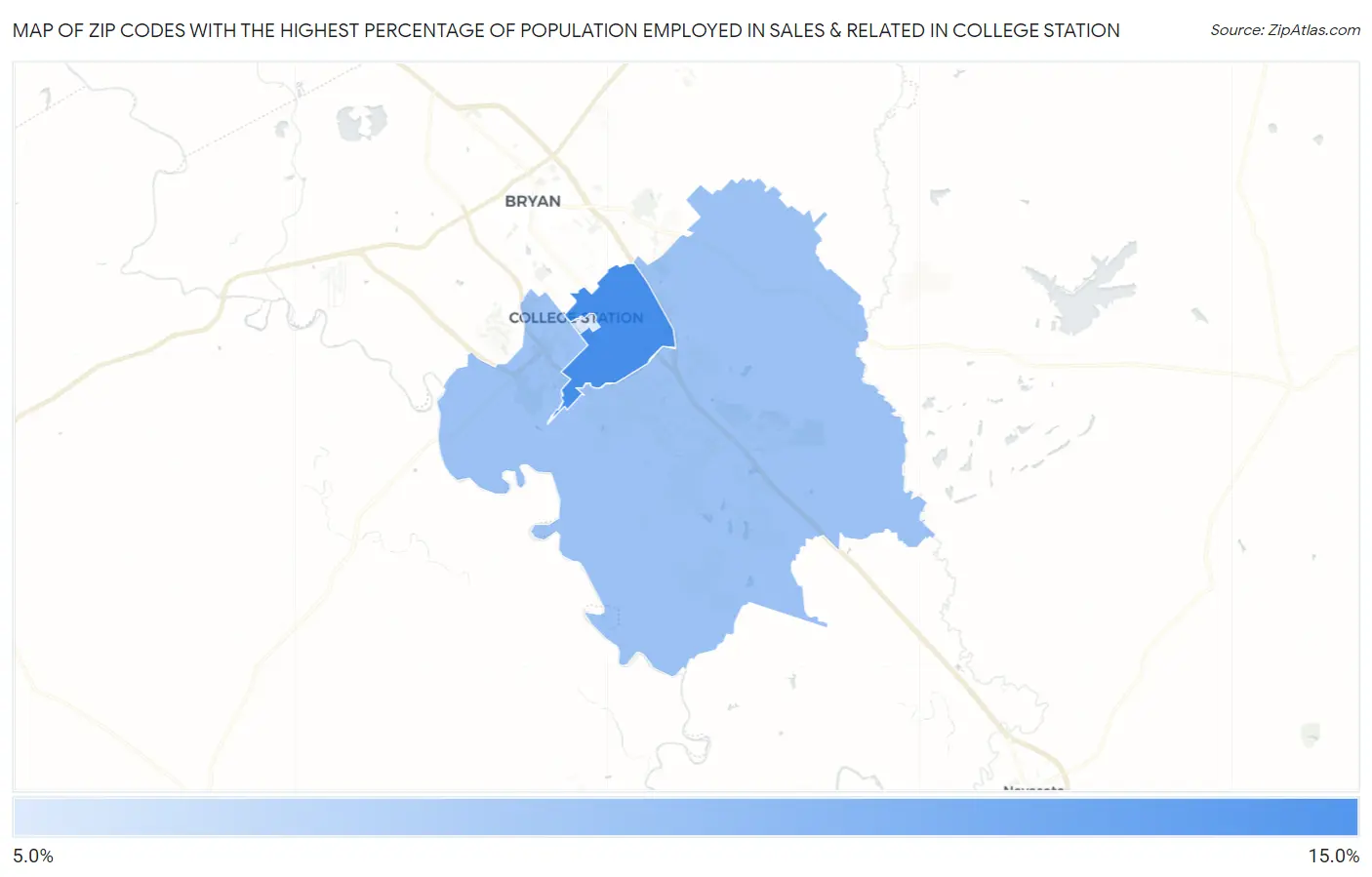 Zip Codes with the Highest Percentage of Population Employed in Sales & Related in College Station Map