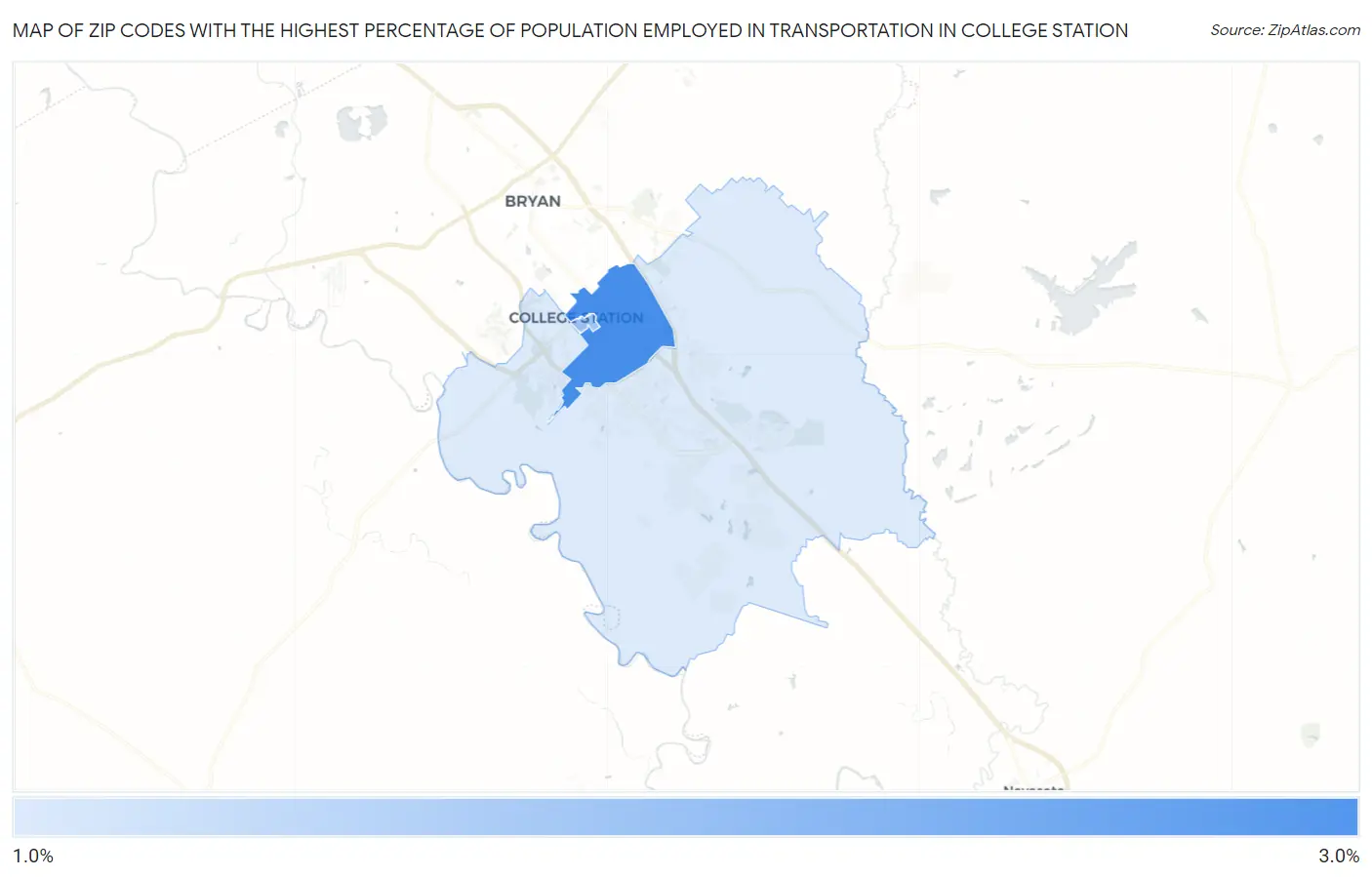 Zip Codes with the Highest Percentage of Population Employed in Transportation in College Station Map