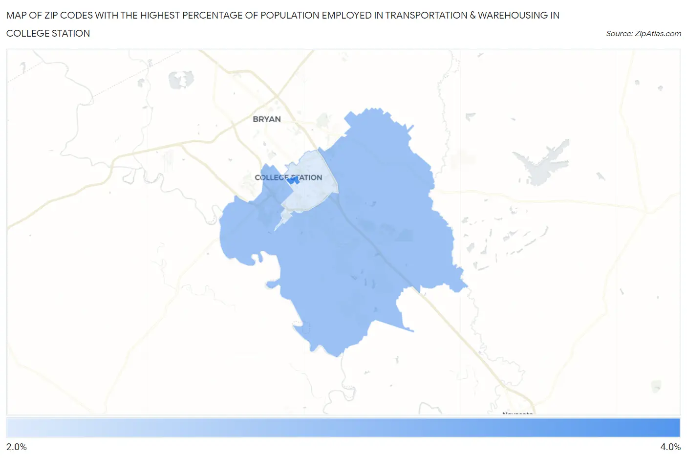 Zip Codes with the Highest Percentage of Population Employed in Transportation & Warehousing in College Station Map