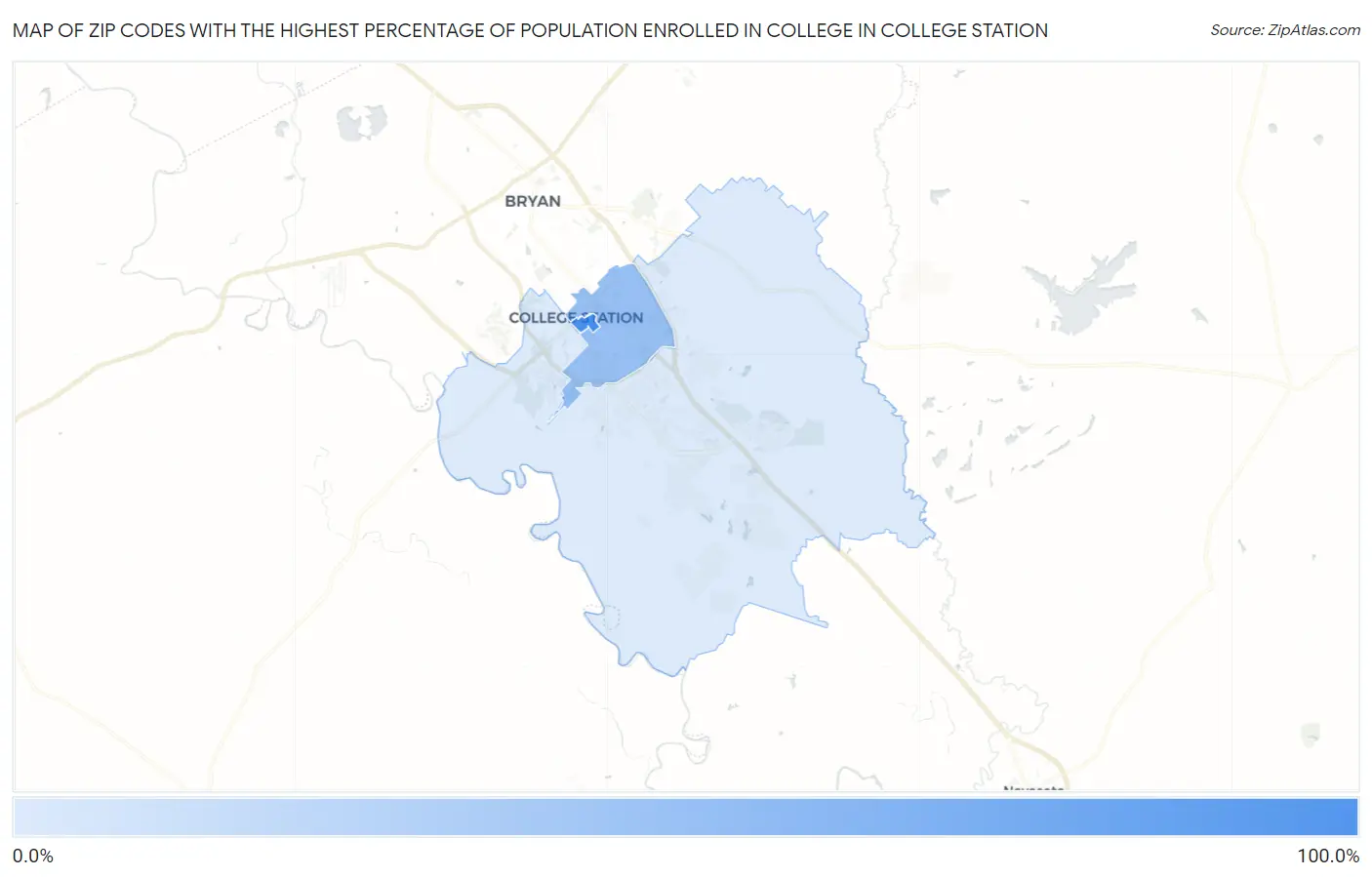 Zip Codes with the Highest Percentage of Population Enrolled in College in College Station Map