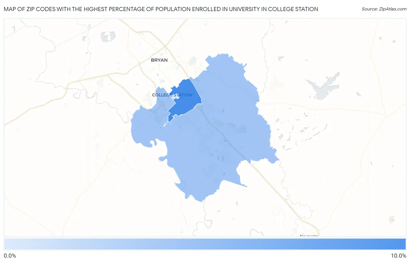 Zip Codes with the Highest Percentage of Population Enrolled in University in College Station Map