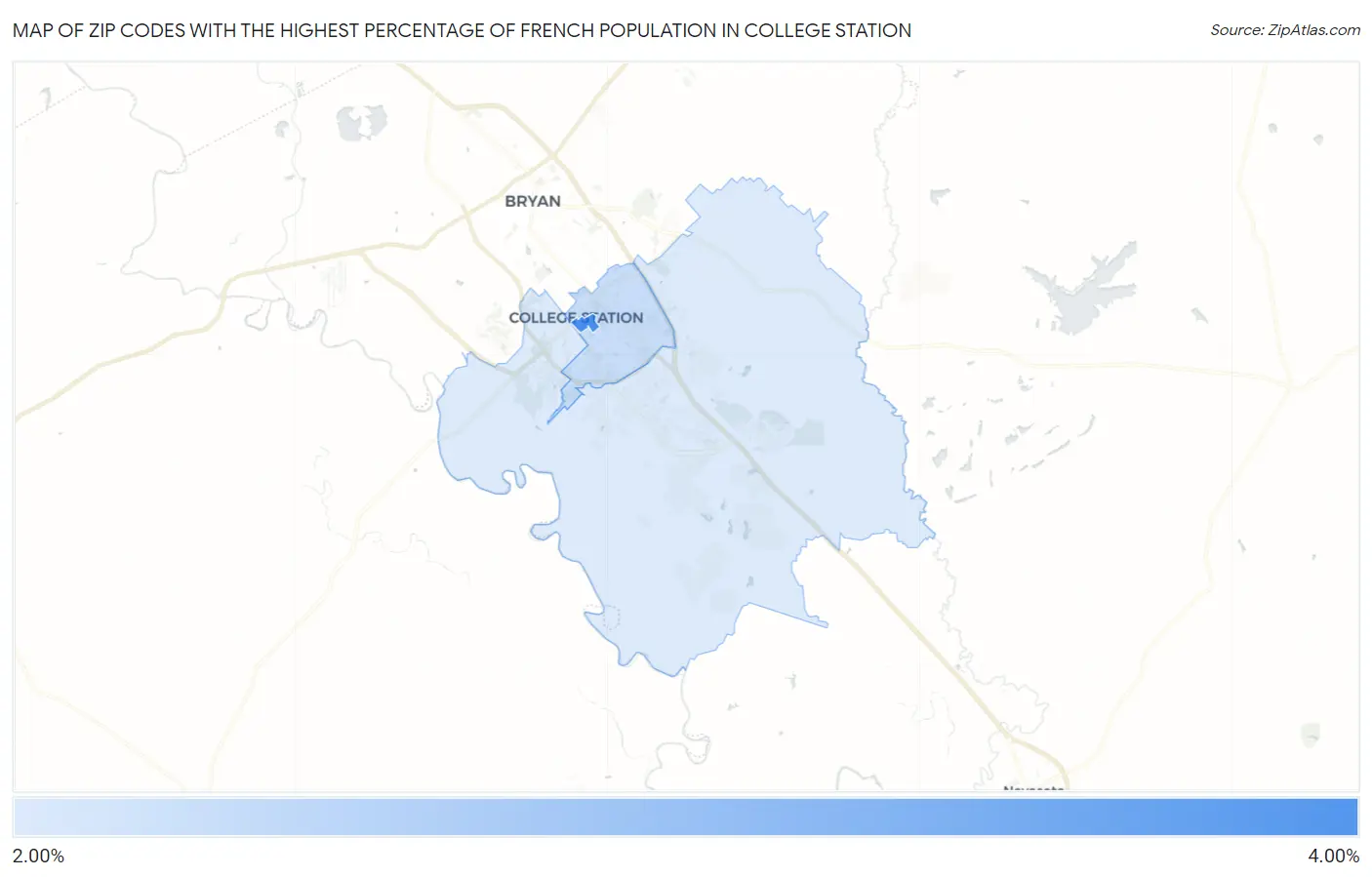 Zip Codes with the Highest Percentage of French Population in College Station Map