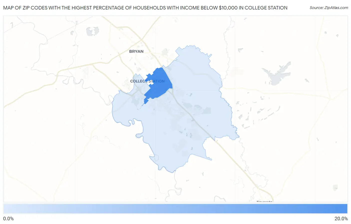 Zip Codes with the Highest Percentage of Households with Income Below $10,000 in College Station Map