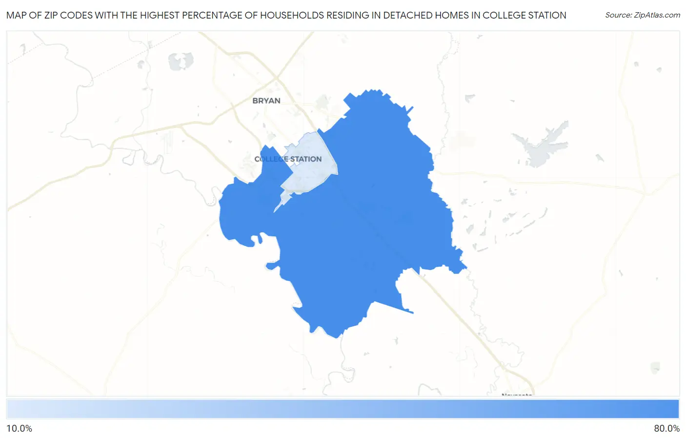Zip Codes with the Highest Percentage of Households Residing in Detached Homes in College Station Map