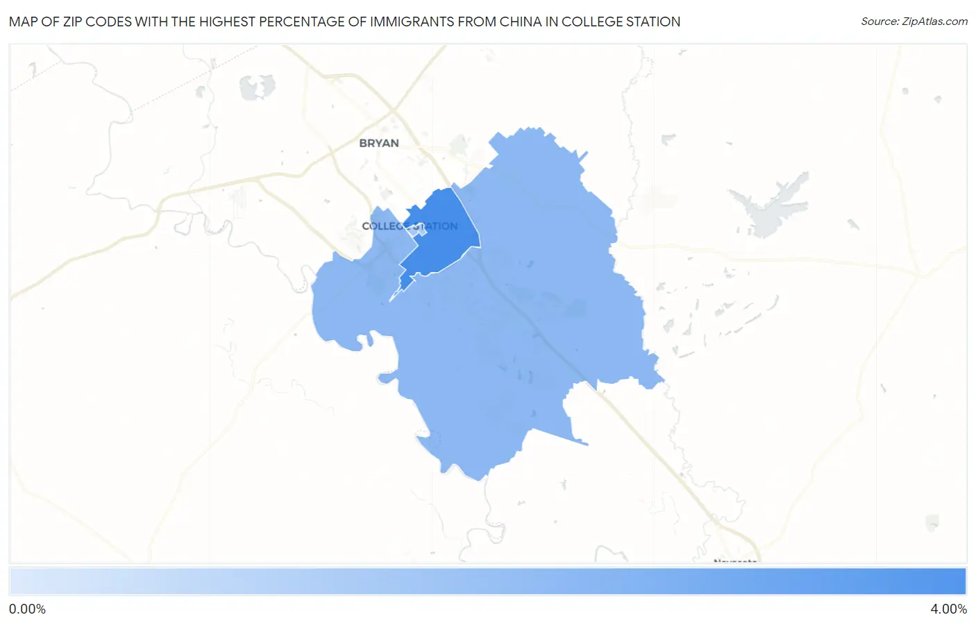 Zip Codes with the Highest Percentage of Immigrants from China in College Station Map