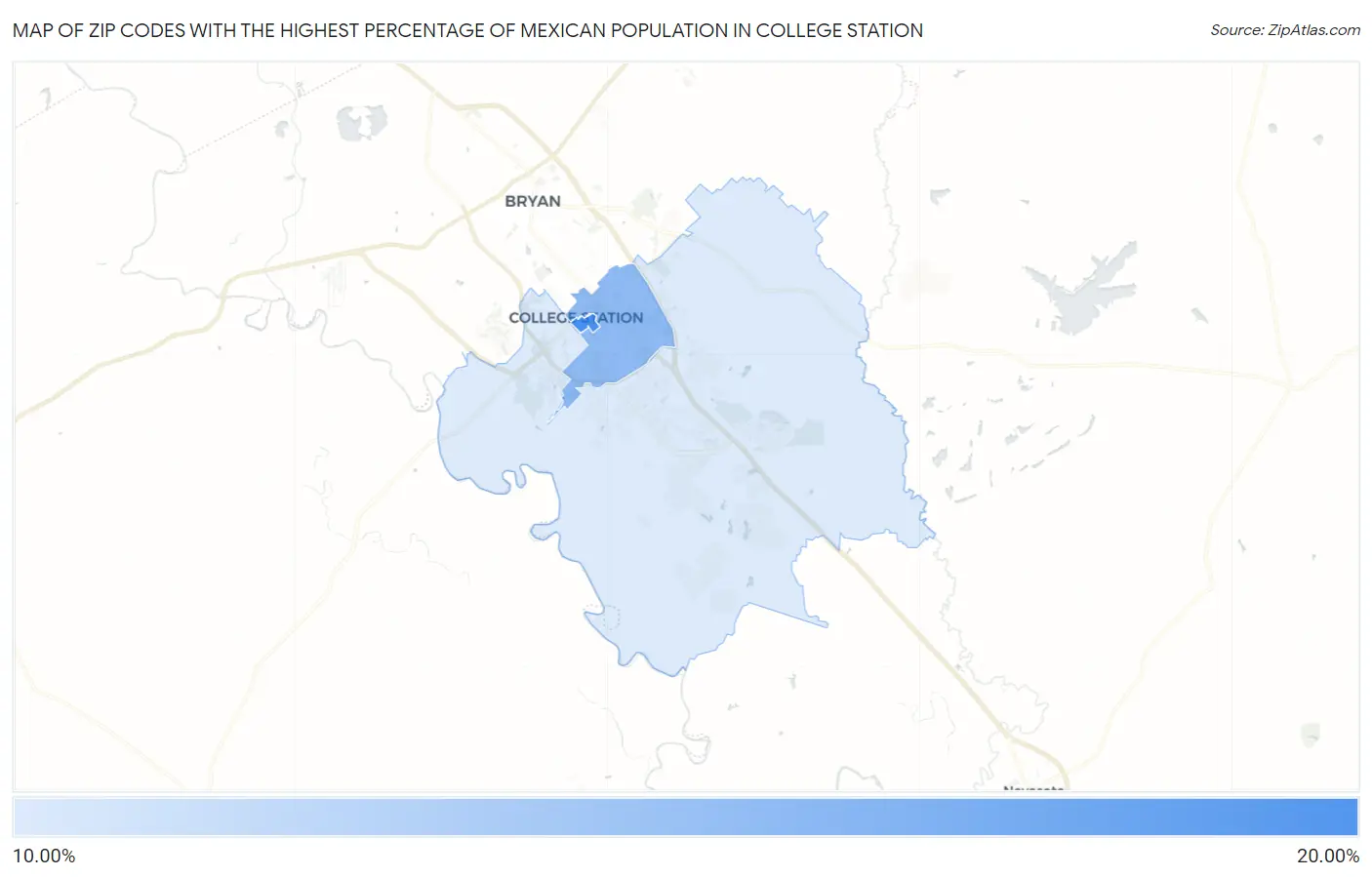 Zip Codes with the Highest Percentage of Mexican Population in College Station Map