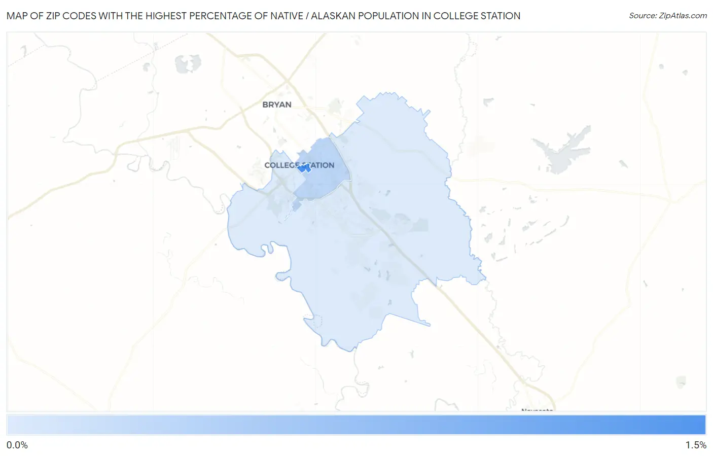 Zip Codes with the Highest Percentage of Native / Alaskan Population in College Station Map