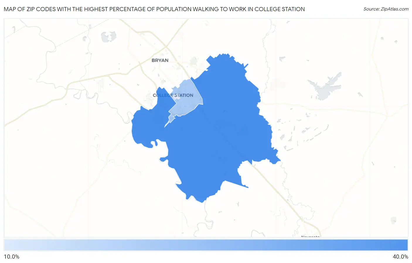 Zip Codes with the Highest Percentage of Population Walking to Work in College Station Map