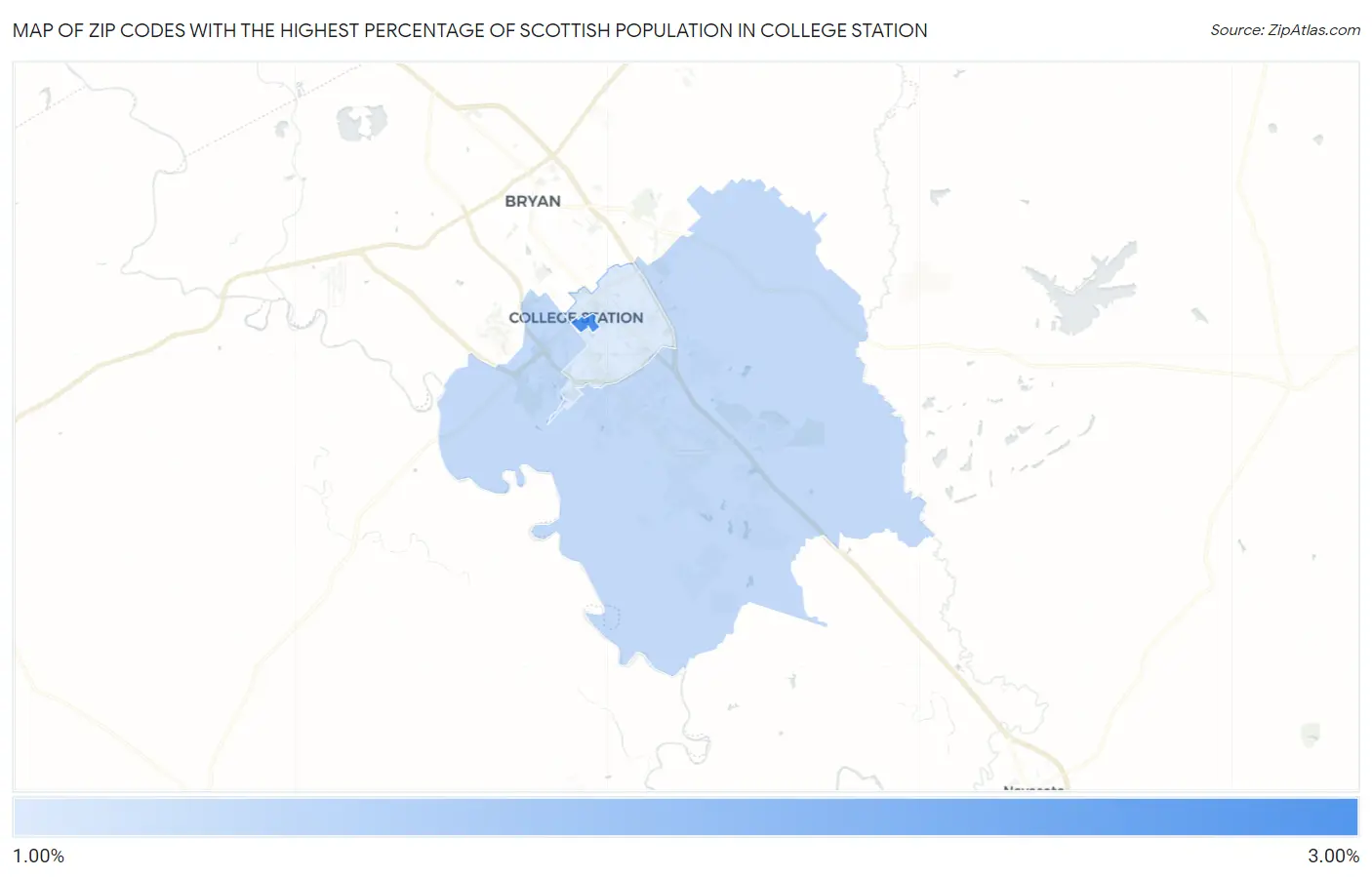 Zip Codes with the Highest Percentage of Scottish Population in College Station Map